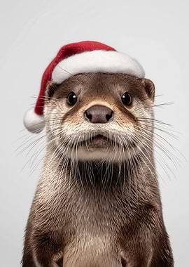 Christmas Otter with Santa Hat Portrait