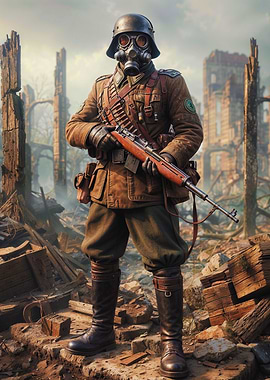 Soldier in Ruins with Gas Mask