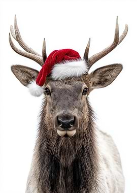 Christmas Elk with Santa Hat Portrait