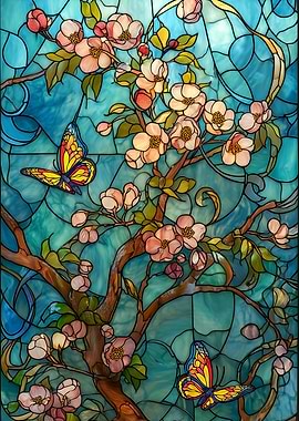 Stained Glass Floral Butterfly Art