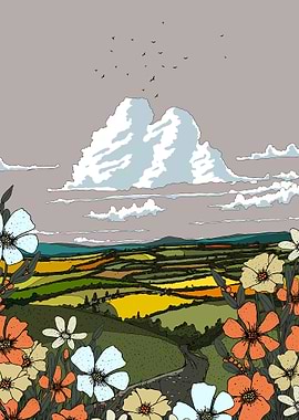 Floral Landscape with Cloudy Sky