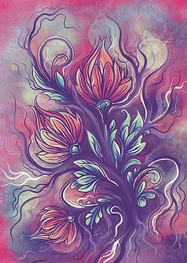 Floral Fantasy Digital Art, Galactic Oasis - Vibrant Tree with Flowers