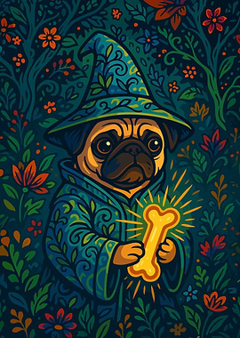 Wizard Pug with Magic Bone Fantasy Theme Cute Vintage Art Illustration
