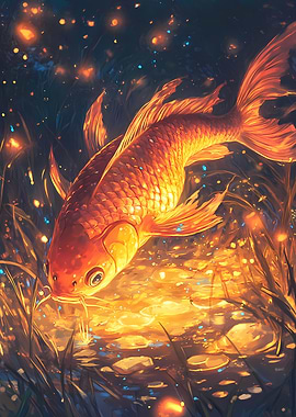Golden Koi Fish Swimming in a Sunlit Pond