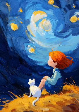 Girl and Cat Under Starry Sky