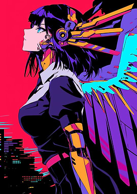 Cyberpunk Anime Girl with Robotic Wings