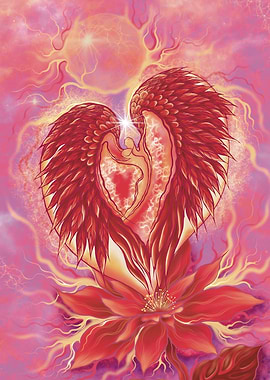 Romantic Winged Heart with Flower - Two figures in embrace