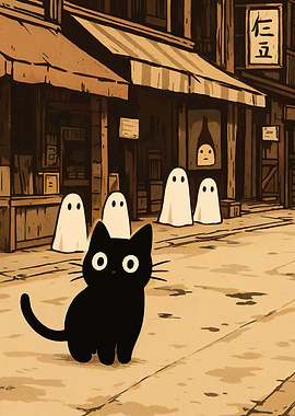 Black cat and ghosts in town