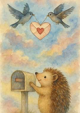 Hedgehog at Mailbox with Birds Carrying Heart-Shaped Envelope