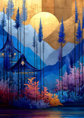 Japanese Landscape with Temple and Trees