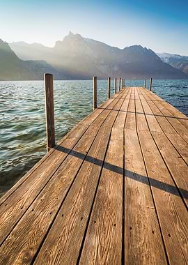 Wooden Dock Leading to Mountain Lake Traunsee