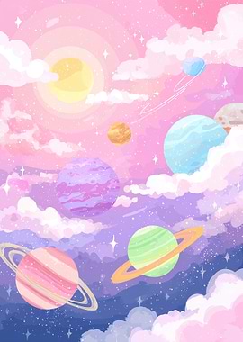 Pastel Planets in Cloudy Sky