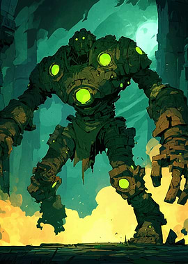 Stone Golem with Glowing Green Eyes