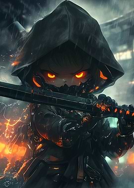 Cyberpunk hooded warrior with glowing eyes