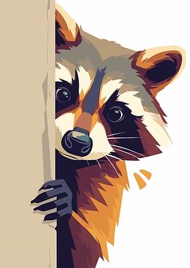 Peeking Raccoon Cute Funny Minimalist Art Illustration