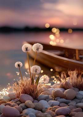 Dandelions on a rocky beach at sunset