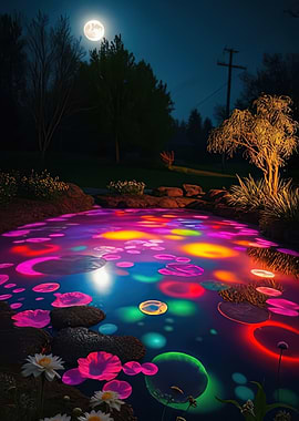 Night Pond with Colorful Lights