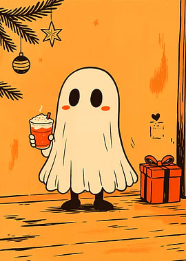 Cute Ghost with Drink and Gift