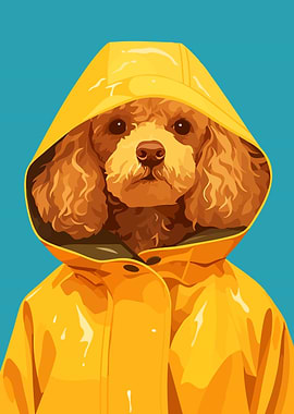 Cute Poodle Dog in Yellow Raincoat Minimalist Art Illustration