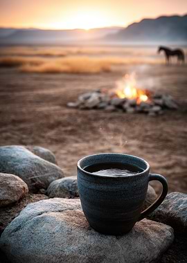 Coffee by the campfire at dawn