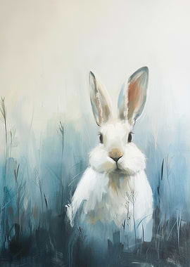 White Rabbit in Blue Field Painting