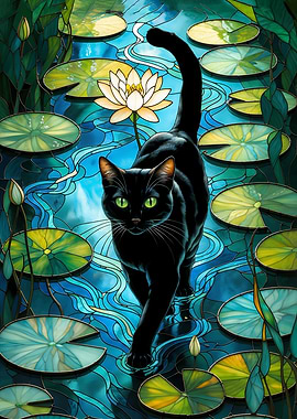 Black Cat in Lily Pond