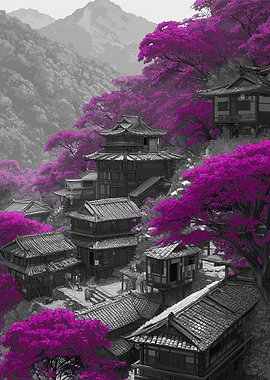 Japanese Village with Purple Trees