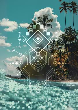 Tropical Beach with Geometric Overlay