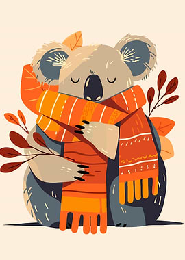 Cozy Autumn Koala with Scarf Cute Minimalist Art Illustration