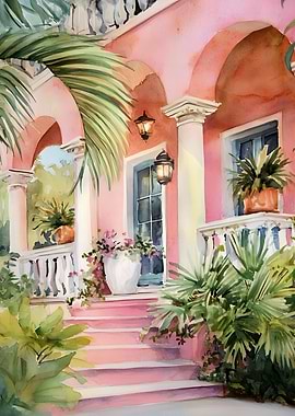 Pink House Watercolor Painting