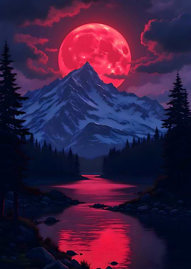 Red Moon Over Mountain Landscape