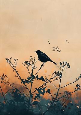 Black Bird on Branch Silhouette Art