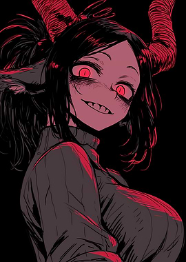 Demon Girl Portrait with Red Horns