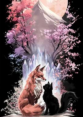 Fox Cat Cherry Blossoms
