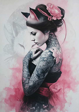 Tattooed Cat-Eared Woman Watercolor Portrait