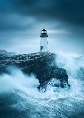 Lighthouse in the Storm – Ocean Waves Crashing on Rocks