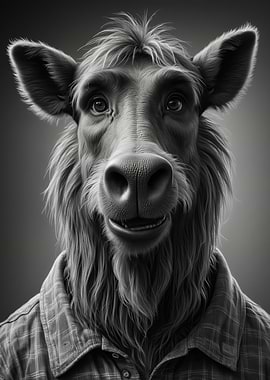 Anthropomorphic Cow Portrait in Plaid Shirt