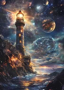 Lighthouse in Space Surrounded by Planets