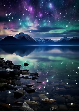 Aurora Borealis over Mountain Lake