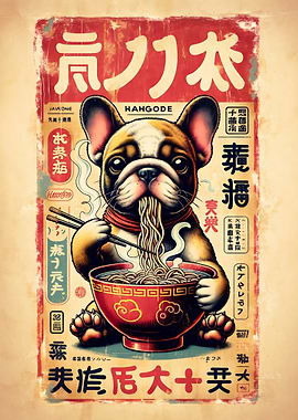 Dog eating ramen Japanese poster style