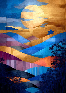 Abstract Asian Landscape with Moon