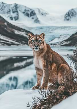 Lioness in Snowy Mountain Landscape