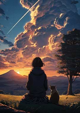 Girl and Cat Watching Sunset Landscape