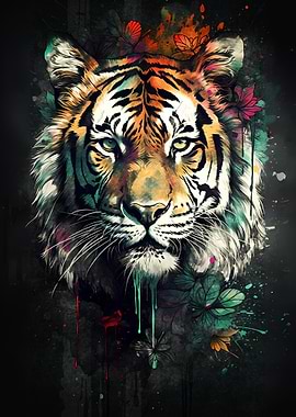 Colorful Tiger Portrait with Floral Accents