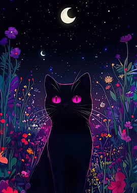 Black Cat in a Flower Field