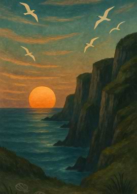 Coastal Sunset with Birds