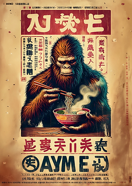 Gorilla eating ramen vintage poster