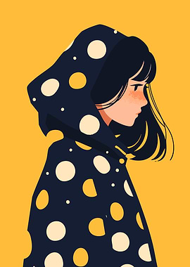 Girl in Polka Dot Hood Minimalist Art Illustration
