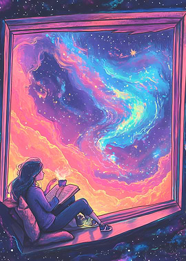 Girl Reading by a Window Overlooking a Vibrant Galaxy