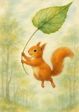 Squirrel with Leaf Umbrella Watercolor